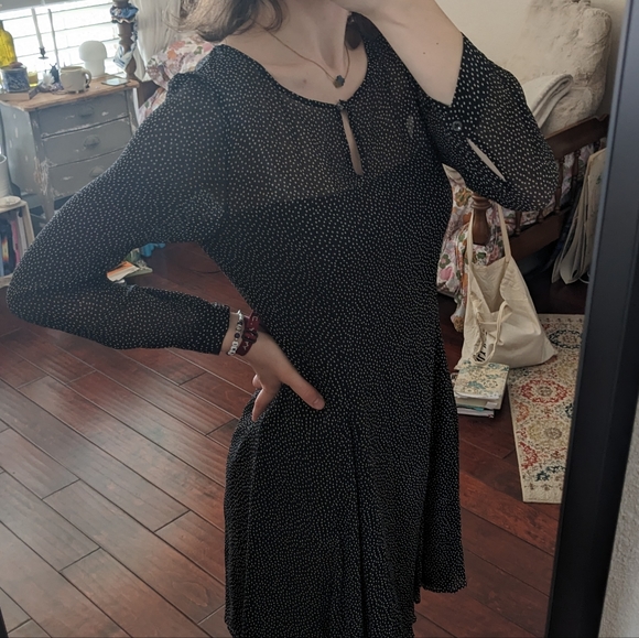 Silk J.Crew dress black with white polka dots, 3/4 sleeves, sheer details - Picture 3 of 4